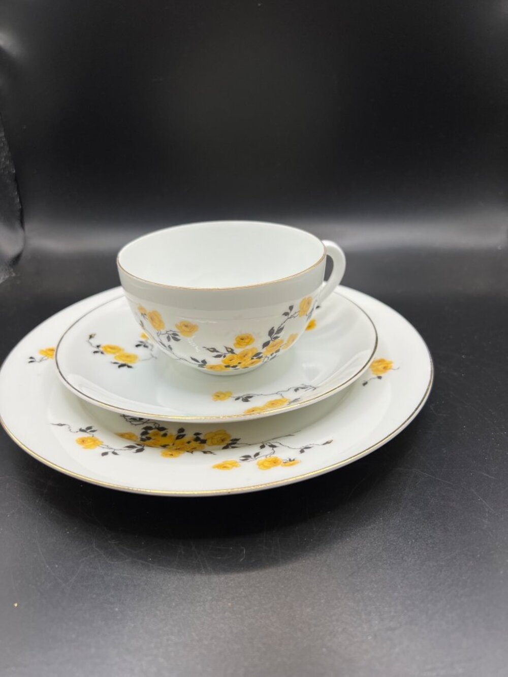 Vintage Union K Czechoslovakia Yellow Rose Tea Cup Saucer & Dessert Plate Set